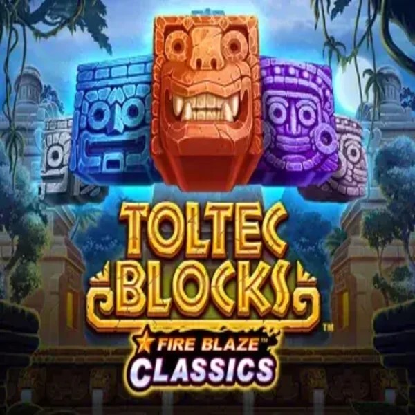 Fire Blaze: Toltec Blocks slot logo by Rarestone Gaming at Rolling Slots Casino